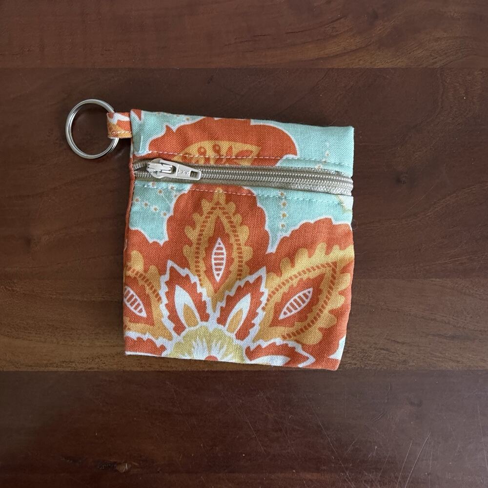 Handmade Light Blue Orange Floral Coin Pouch with Keychain Clip Zip Closure